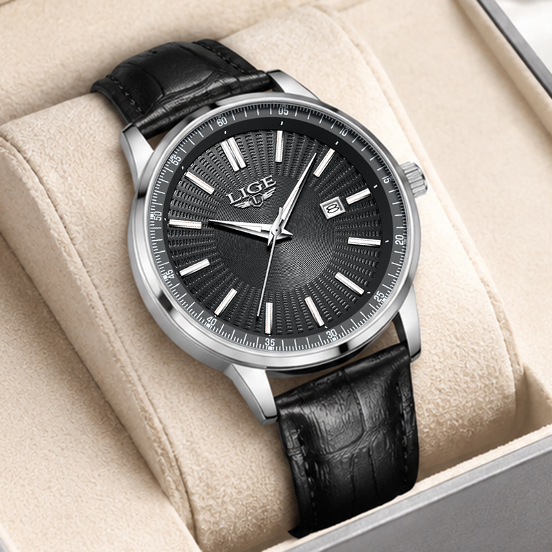 Luxury Watch Top 10 - LIGE カジュアルメンズウォッチ トップブランド 高級ブラック本革腕時計 防水スポーツクォーツクロノグラフ モントルオム