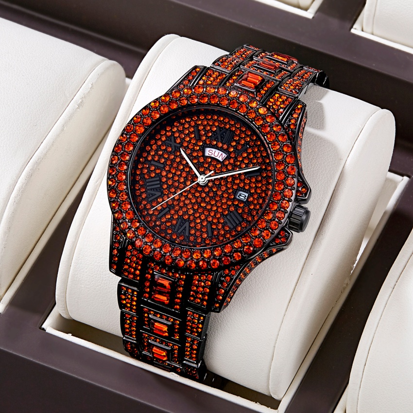 Luxury Watch Iceberg - ラグジュアリーヒップホップステンレススチール製レッドカラーカレンダーウォッチ メンズ用 ラインストーン装飾 メンズウォッチ レロホンブレ